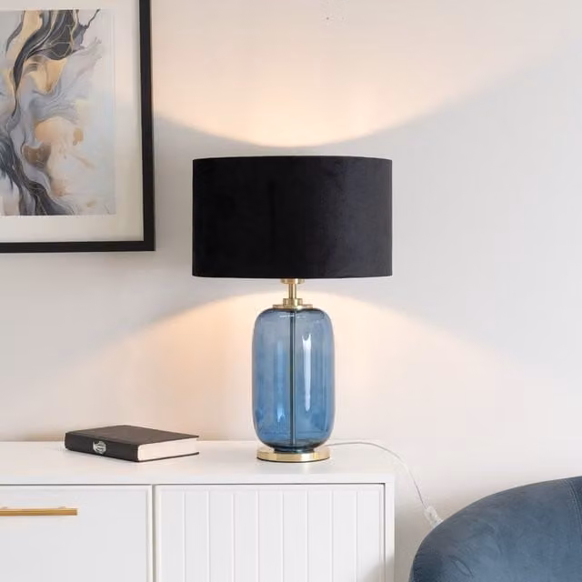 ValueLights Leigh Velvet Drum Shade Table Lamp with Navy Blue Glass and Gold Trim in Black
