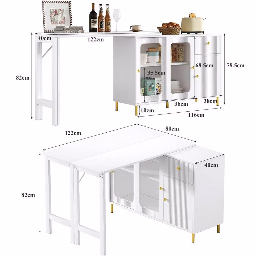 Merax White and Gold Modern Dining and Bar Storage Cabinet with Extendable Bar Table – 3