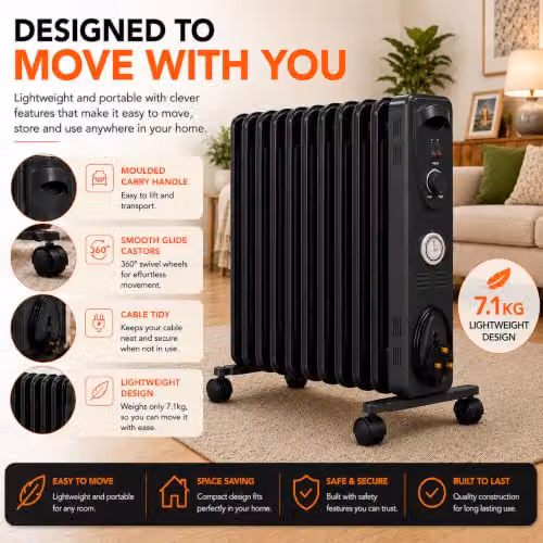 Mylek 2500W Oil Filled Radiator in Anthracite with Thermostat and Tilt Protection, H 63 cm x W 46 cm x D 46 cm – 4