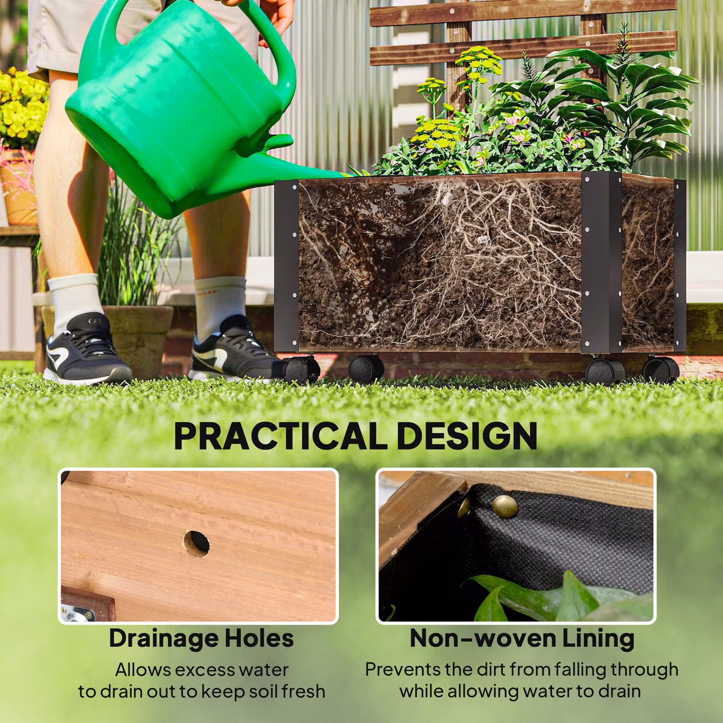 Outsunny Brown Wooden Raised Garden Bed with Trellis and Wheels, W/D/H: 147 x 65 x 31 cm – 6