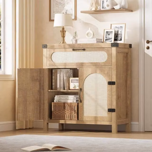 London Boutique Boho Sideboard Storage Cabinet and Buffet Bar in Beige with Rattan and Wood Details – 1