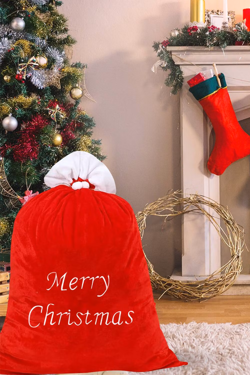 Neel Blue Red Christmas Sack with Merry Christmas Embroidery, W: 50 cm, H: 70 cm – 2