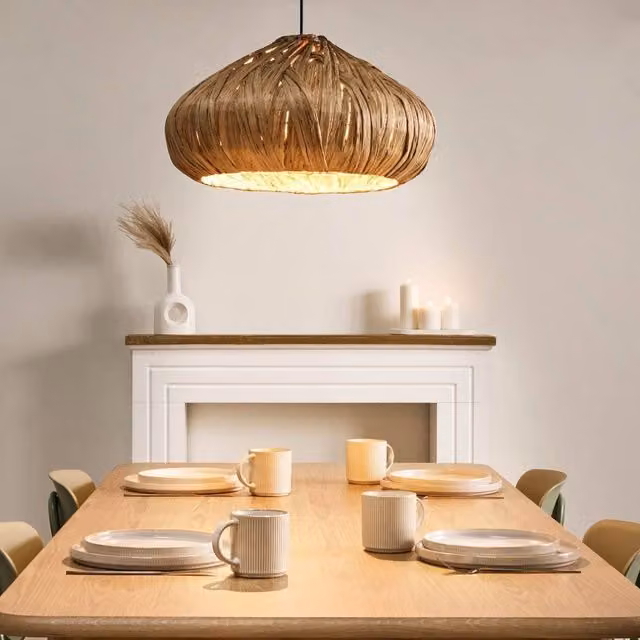 Wyld and Coco Handwoven Water Hyacinth Boho Pendant Lamp in Natural Beige with E27 Fitting