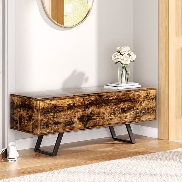 Komore Industrial Wood and Metal Storage Bench in Brown and Black
