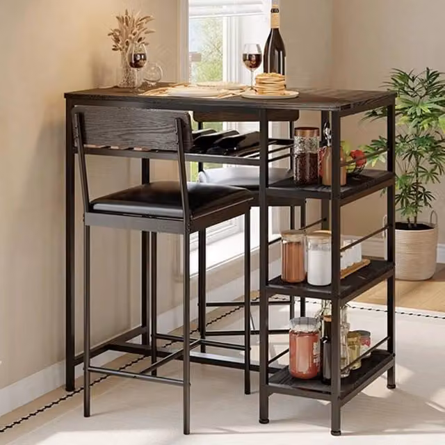 VOGREX 3-Piece Modern Square Dining Set with 2 Stools and Wine Rack in Black – 1