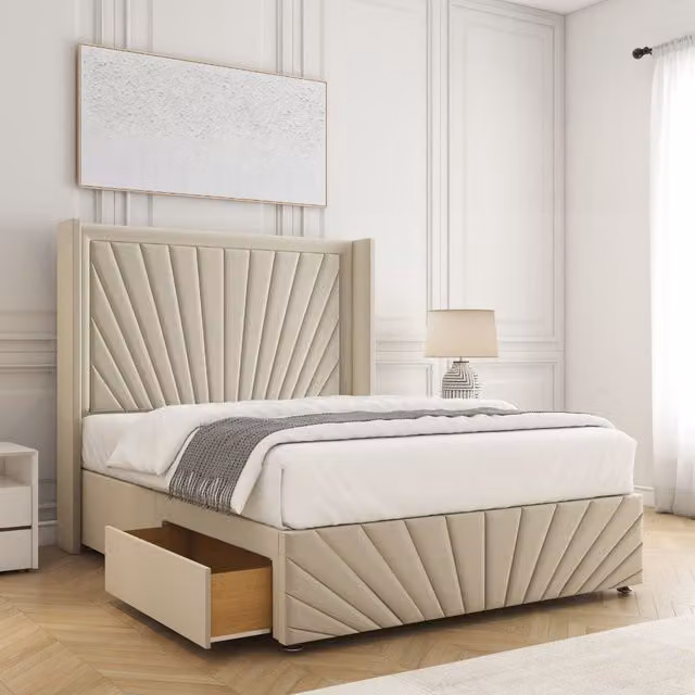 BSSPOKE Nola Double Divan Bed Set with 54 inch Plush Headboard, 2 Drawers, Footend and Mattress in Cream Velvet Fabric, W/D/H: 140 x 200 cm