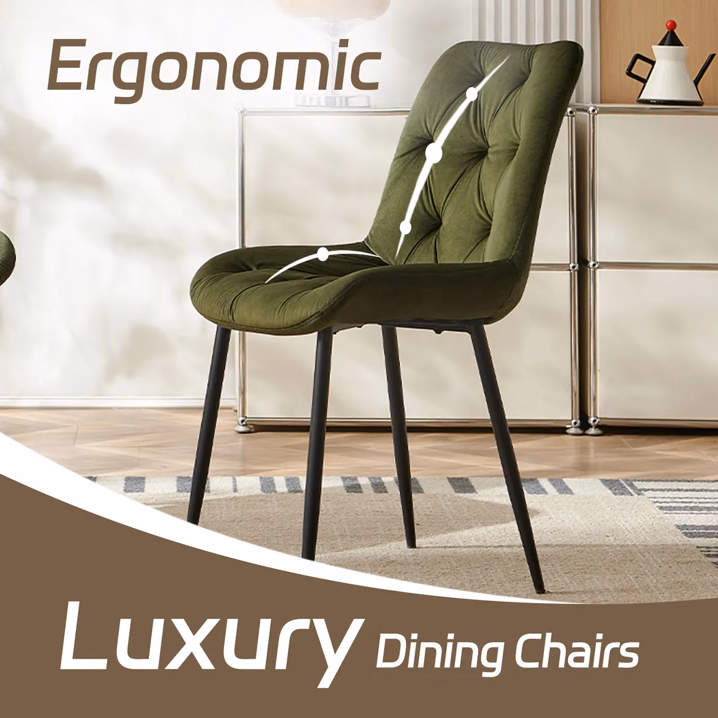 SONARA Modern Set of 4 Green Velvet Dining Chairs with Ergonomic Upholstered Seats and Metal Legs – 5