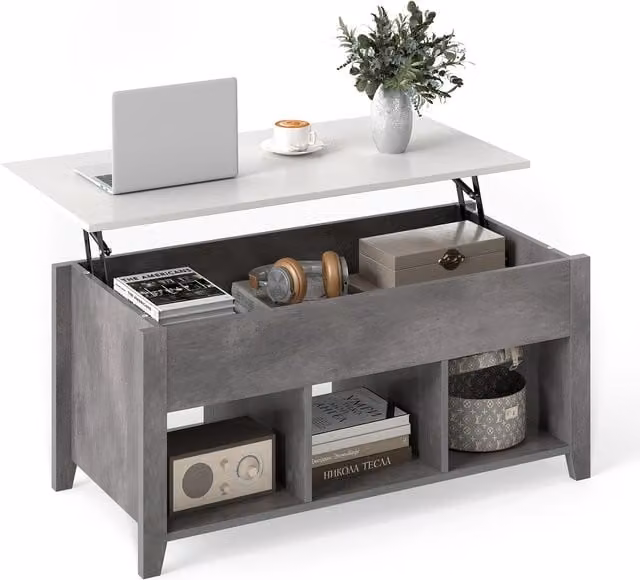 Gymax Grey Lift Top Coffee Table with Rising Mechanism