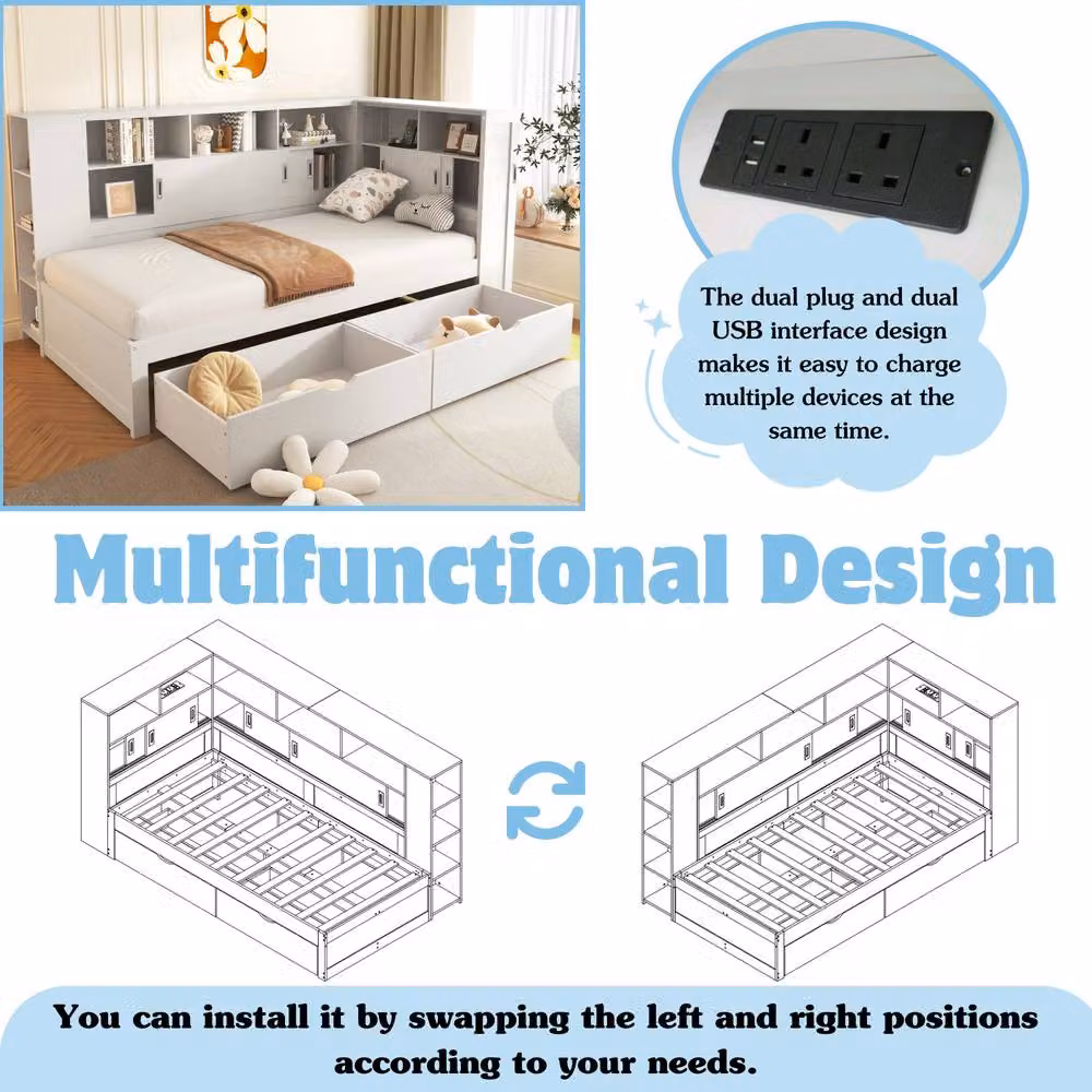 BTM White 3ft Platform Bed with Trundle, Bookcase, Drawers and USB Charging Ports, W/D/H: 90 x 190 x 122.5 cm – 4