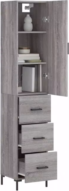 Berkfield Home Grey Sonoma Highboard with Hinged Doors and Internal Shelves, W/D/H: 34.5 x 34 x 180 cm