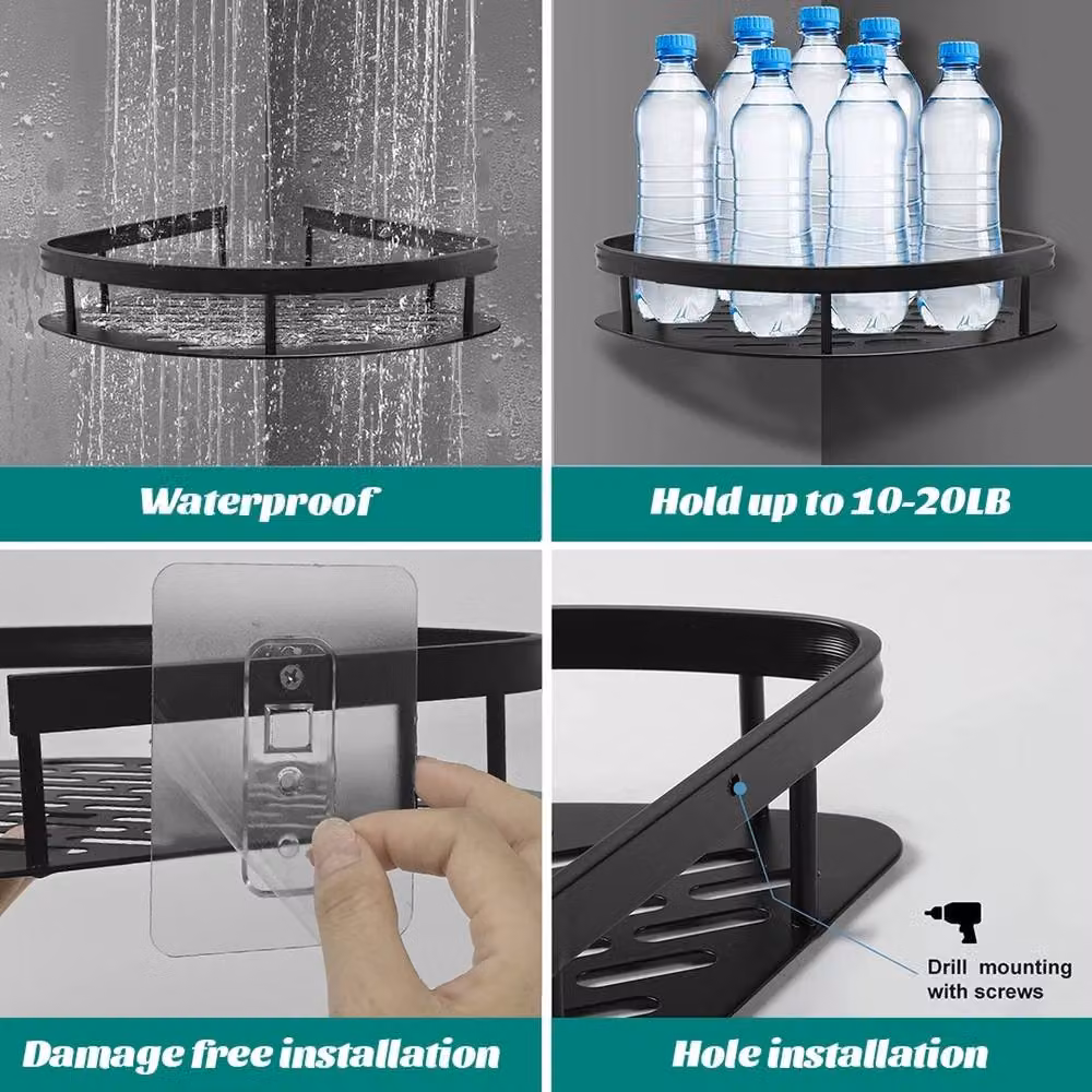 VOGREX 2 Pack Black Corner Shower Storage Shelves with Drainage and Adhesive Wall Mount – 3
