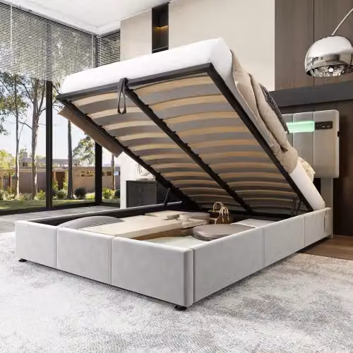 Matteo Grey Velvet Upholstered Hydraulic Double Bed with USB Charging Port and Under-bed Lighting, W: 135 cm, L: 190 cm – 4