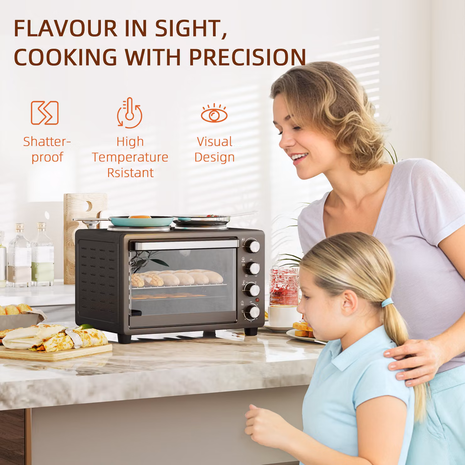 HOMCOM 28L Mini Oven with 2 Hot Plates and Grill, 2600W Countertop Toaster Oven in Black – 8