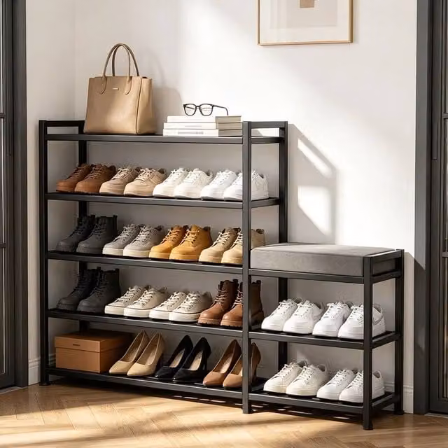 EONLION Modern Black Corner Shoe Storage Rack and Bench Organiser – 1