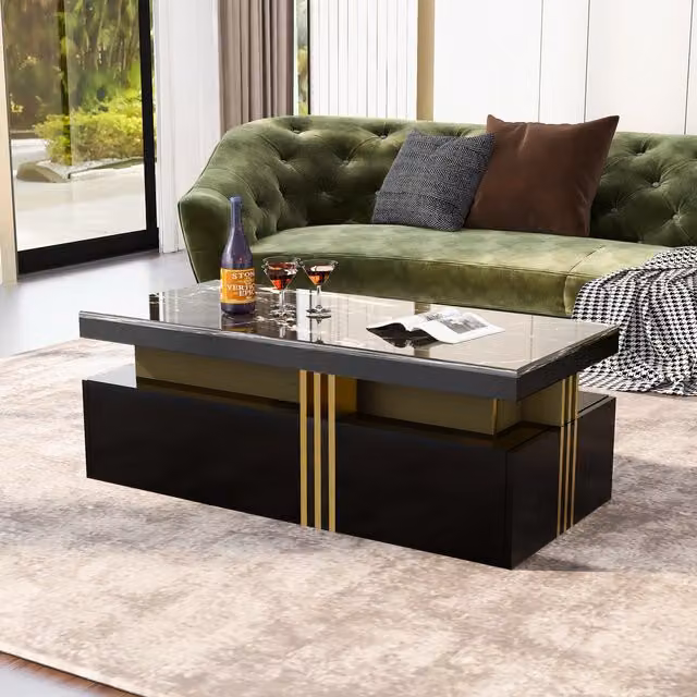 Aosom UK Modern Rectangular Coffee Table with Marble Veneer Top and 2 Wooden Drawers, Black, W: 100 cm, D: 50 cm, H: 40 cm – 1