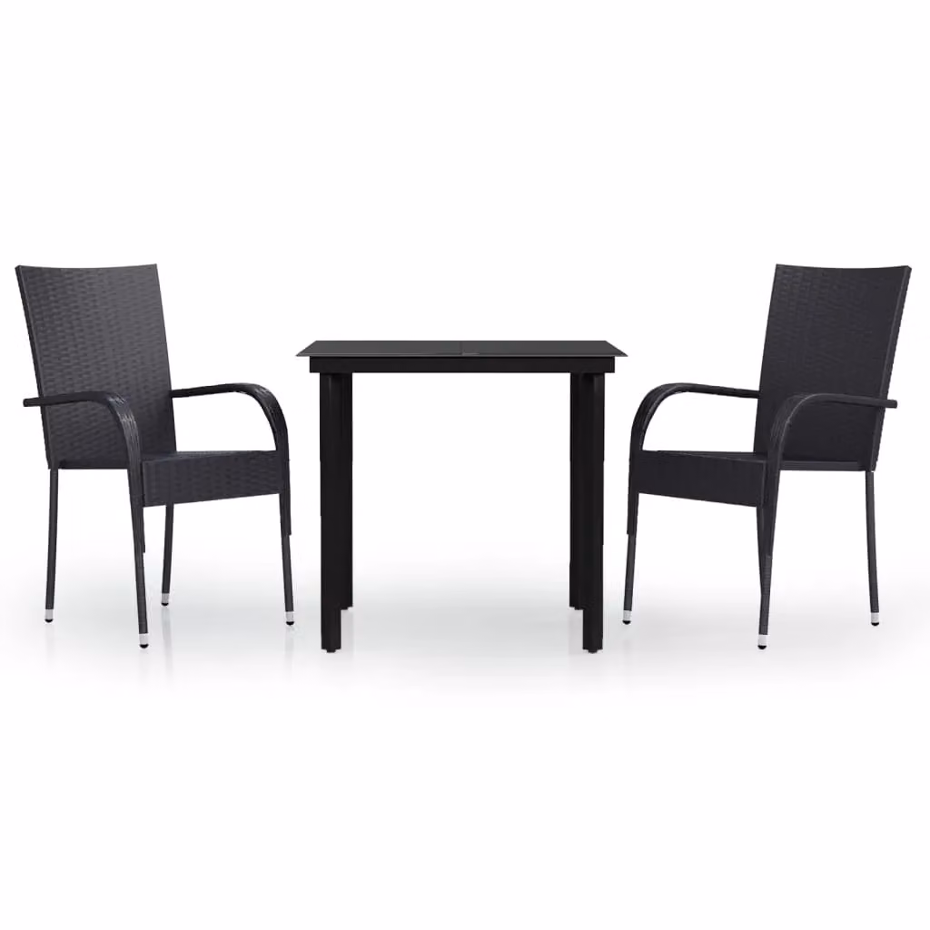 Berkfield Home 3 Piece Modern Outdoor Dining Set in Black Rattan and Glass – 2