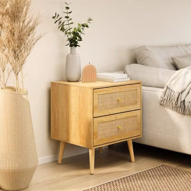 VonHaus Sienna 2 Drawer Bedside Table with Rattan Drawers in Brown and Gold