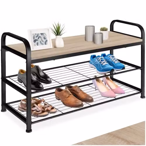 tectake 3-Tier Industrial Shoe Rack in Oak and Black, W/D/H: 91 x 36 x 55 cm – 1