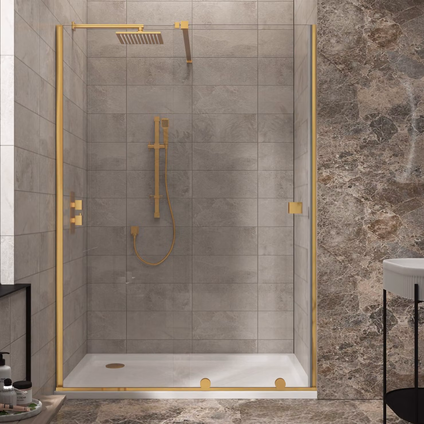 Luton 1300mm Recessed Sliding Wet Room Shower Screen with 8mm Easy Clean Glass, Height: 195 cm, Brushed Brass Gold