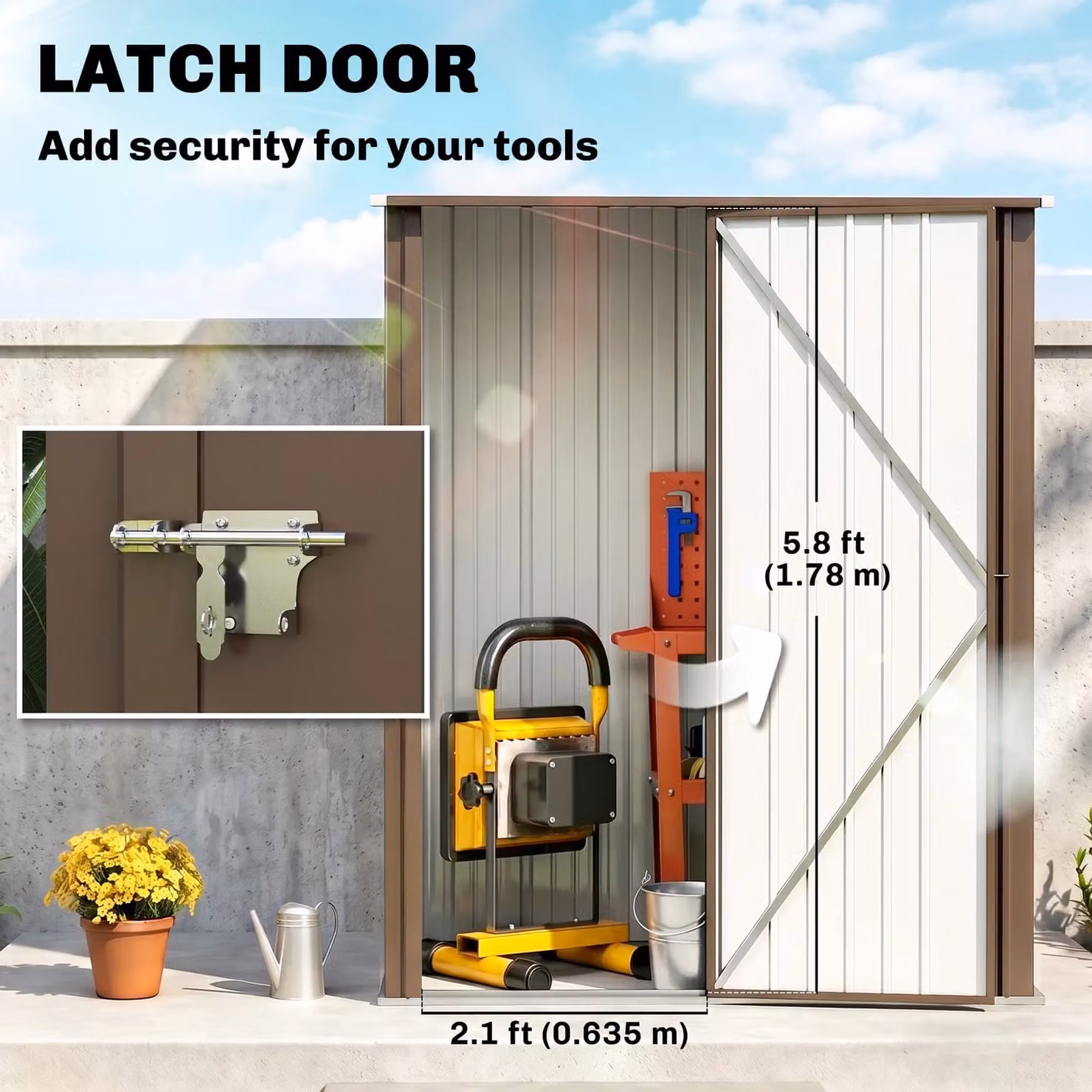OUTSUNNY Brown Galvanised Steel Outdoor Storage Shed with Lockable Single Door – 3