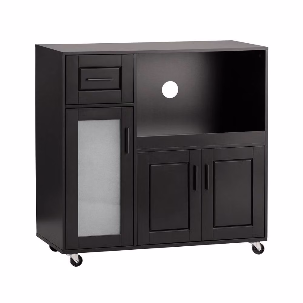 SoBuy Black Rustic Kitchen Trolley with Glass Doors and Appliance Housing Unit – 2