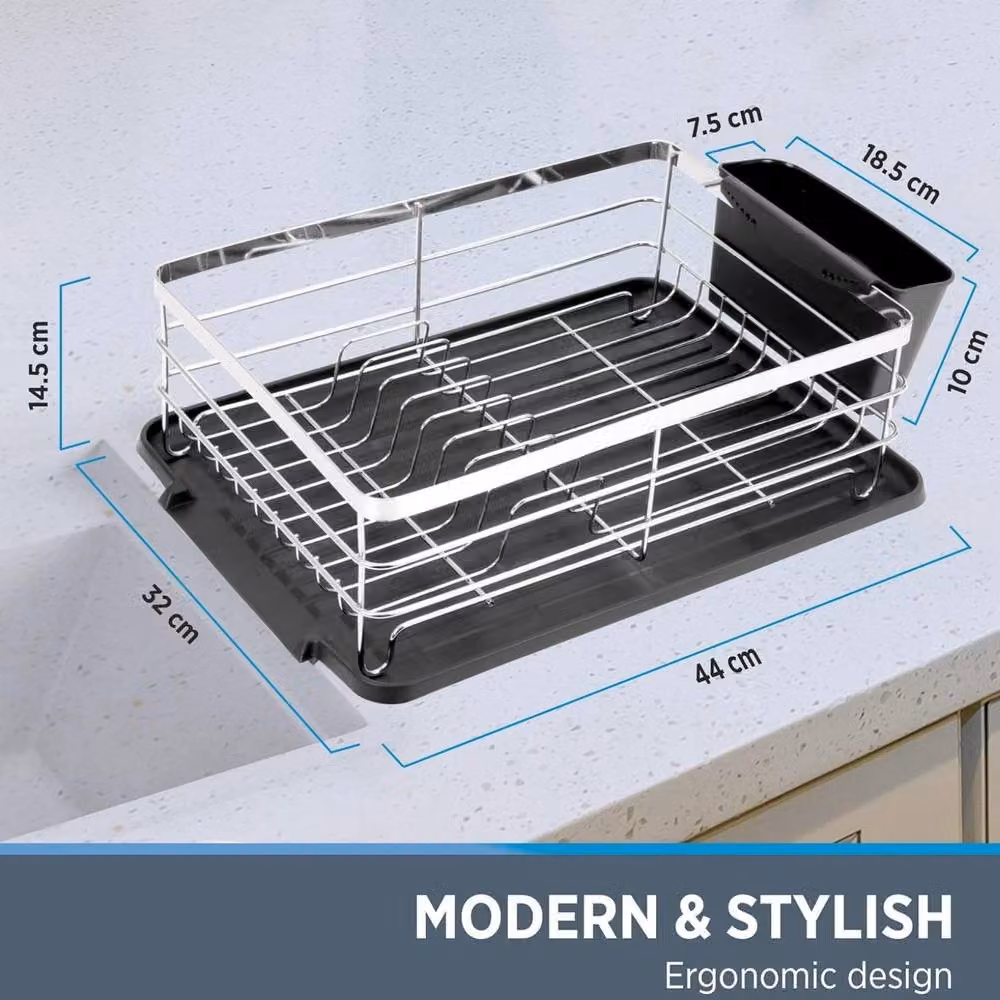 Top 3 Black Metal Kitchen Dish Rack Drainer with Utensil Holder and Removable Drip Tray, W: 44.0 cm, D: 32.0 cm, H: 14.5 cm – 2