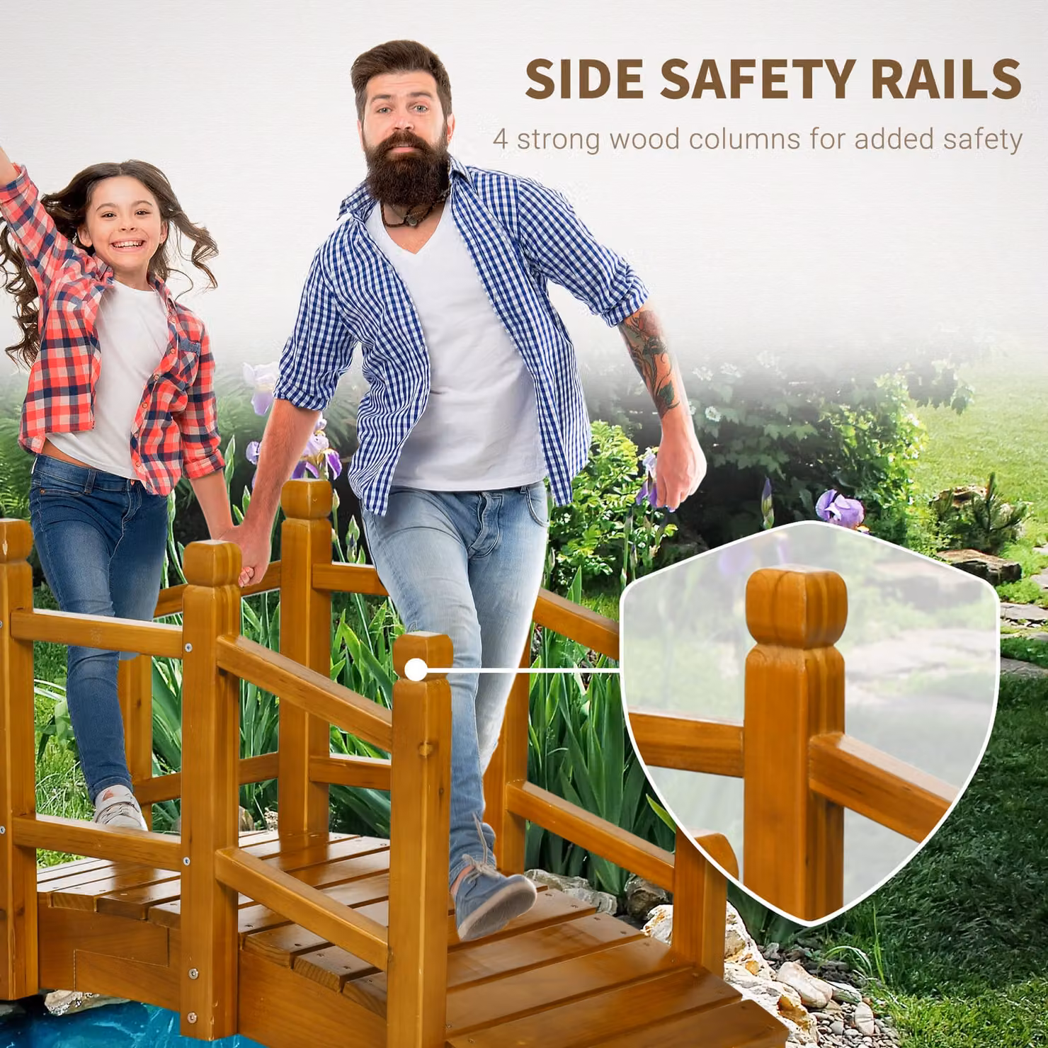 Outsunny Classic Lacquered Wooden Garden Bridge with Safety Railings, Brown – 4