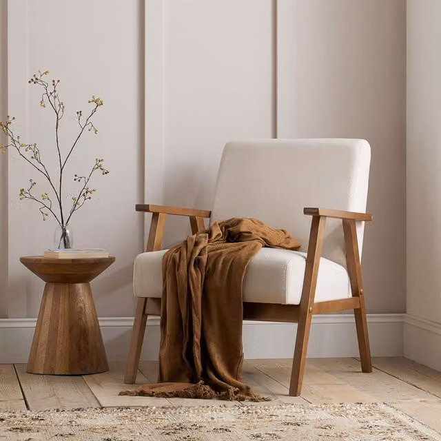 Birlea Ellwood Accent Armchair in Beige Bouclé Fabric with Solid Oak Wood Frame