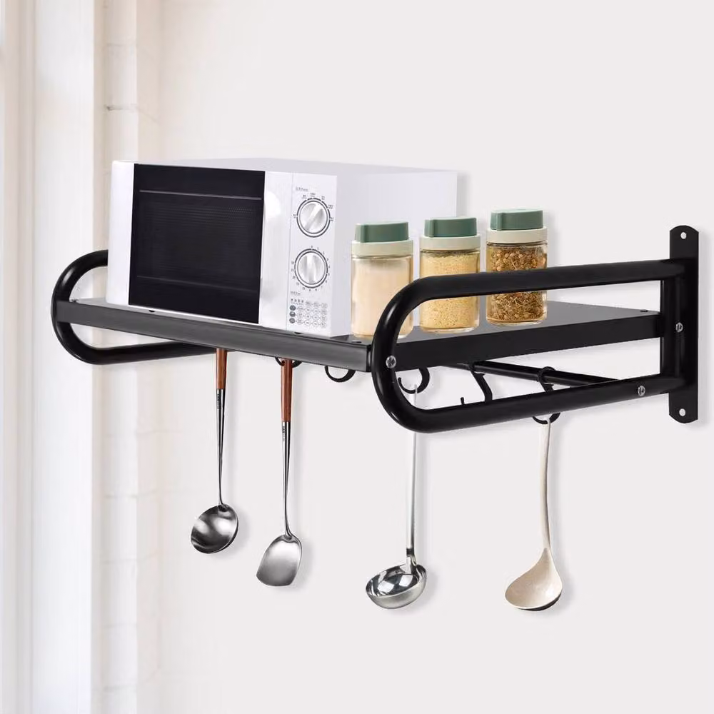 Kelvenix Black Stainless Steel Wall Mounted Microwave Mount and Kitchen Utensils Shelf, W: 52 cm, D: 18 cm, H: 1 cm – 3