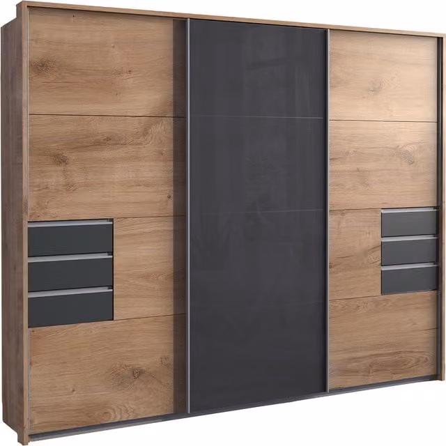 TJS Saigon 270cm Modern Oak and Graphite Sliding Door Wardrobe with Integrated Drawers