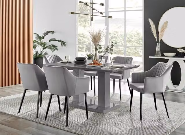 FurnitureboxUK Imperia High Gloss Grey Rectangular Dining Table and 6 Calla Black Leg Chairs, W/D/H: 150 x 90 x 75 cm