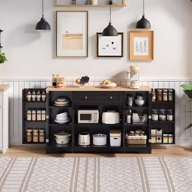 Aosom UK Multifunctional Kitchen Sideboard with Double-Door Compartment and Adjustable Shelves, Black, W: 138 cm, D: 40 cm, H: 85 cm