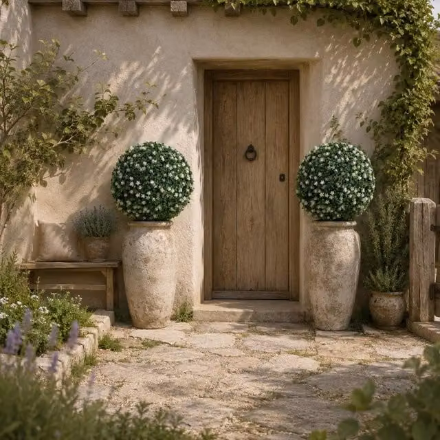 Wyld Haus Set of 2 Green Artificial Round Boxwood Hanging Plants in White Pots – 1