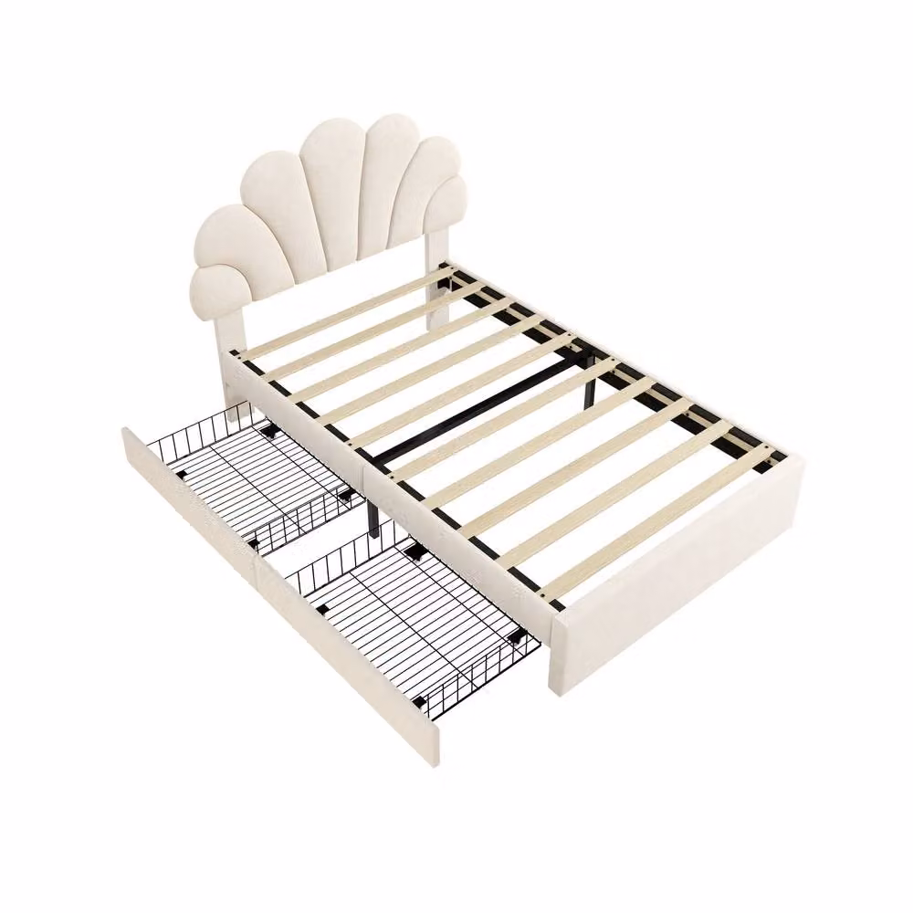 Rolipo Beige Velvet Upholstered Single Bed with Drawers and Petal Headboard W/D/H: 140 x 200 cm – 2