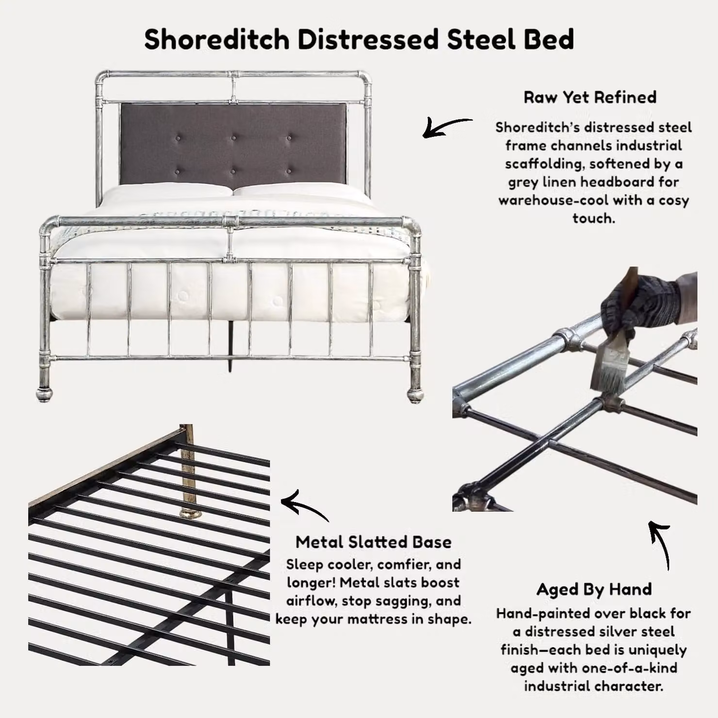 OAT Home Shoreditch Industrial Scaffold Metal Bed Frame with Grey Upholstered Headboard, Distressed Silver, W/D/H: 180 x 163 x 120 cm – 5