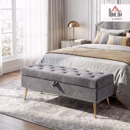 HOMCOM Grey Upholstered Storage Ottoman, W: 114 cm, D: 41 cm, H: 45 cm – 2