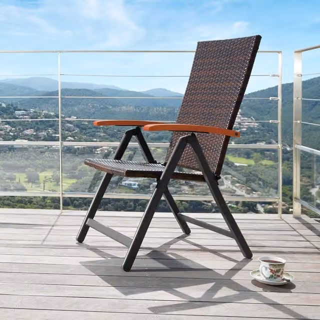 tectake Canberra Grey Reclining Garden Chair with Armrests and Poly-Rattan Design