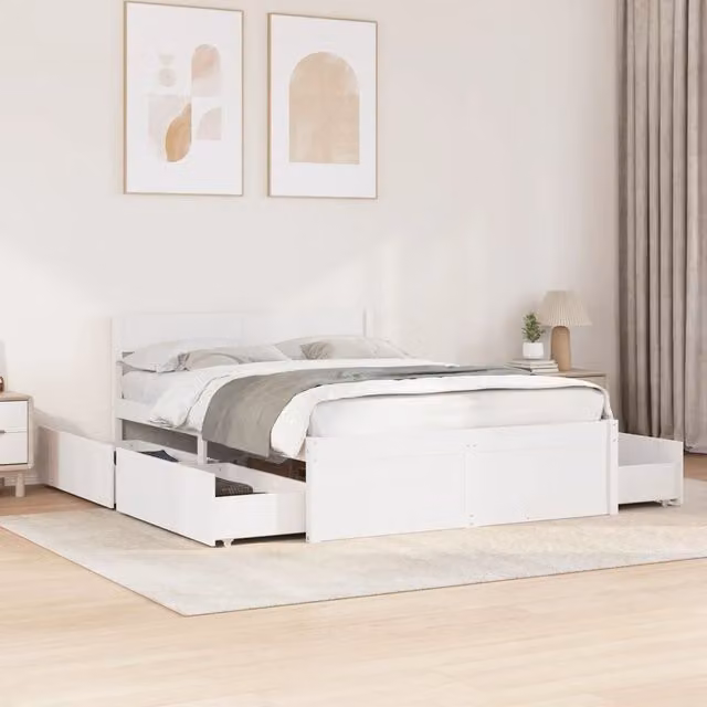 Berkfield Home Small Double Bed Frame in White Solid Pine with Drawers, W/D/H: 120 x 200 cm