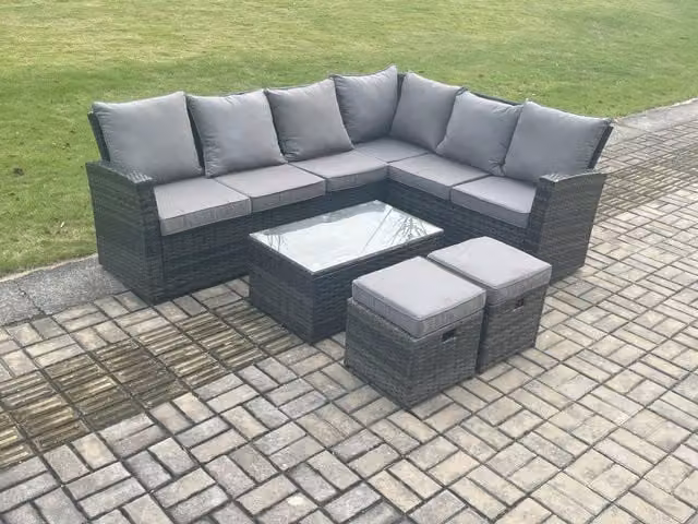 Fimous Dark Grey Wicker PE Outdoor Garden Furniture Set with High Back Rattan Corner Sofa, Rectangular Coffee Table and 2 Small Footstools