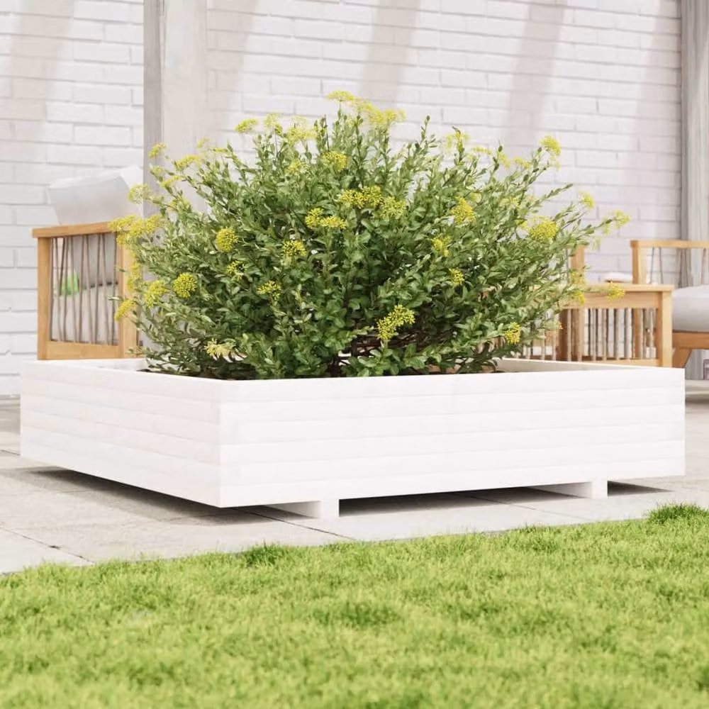 Berkfield Home White Solid Wood Pine Garden Planter Tub W: 110 cm, D: 110 cm, H: 26.5 cm – 2