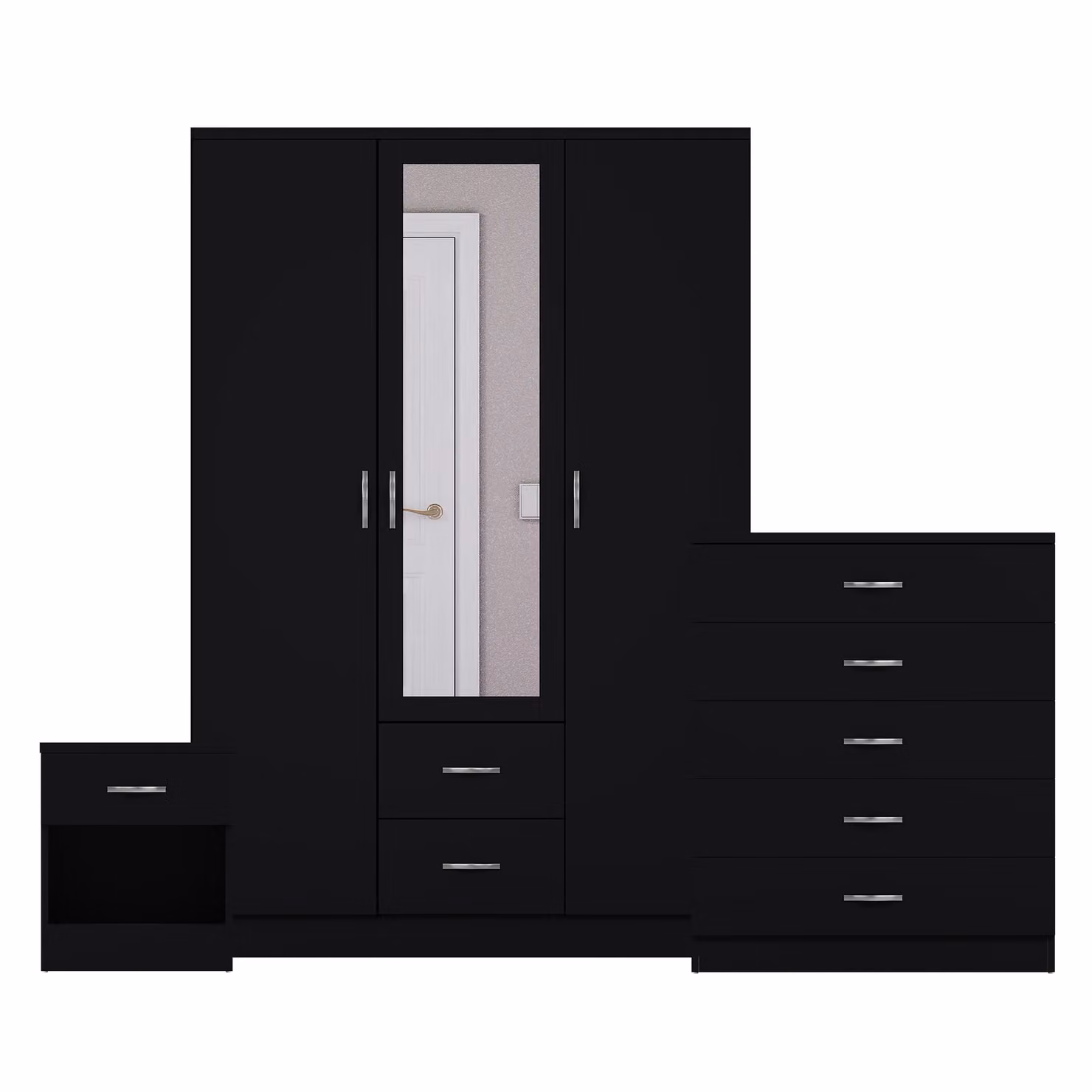 Vida Designs 3 Piece Modern Bedroom Set in Black including Bedside Cabinet, 5 Drawer Chest and Mirrored Wardrobe – 2