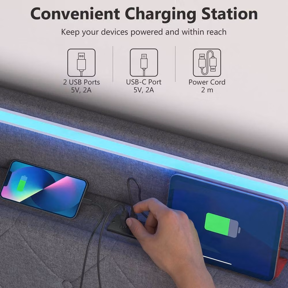 HOMCOM Double Lift Up Storage Bed Frame with RGB LED Lights and USB Charging Ports in Dark Grey – 5