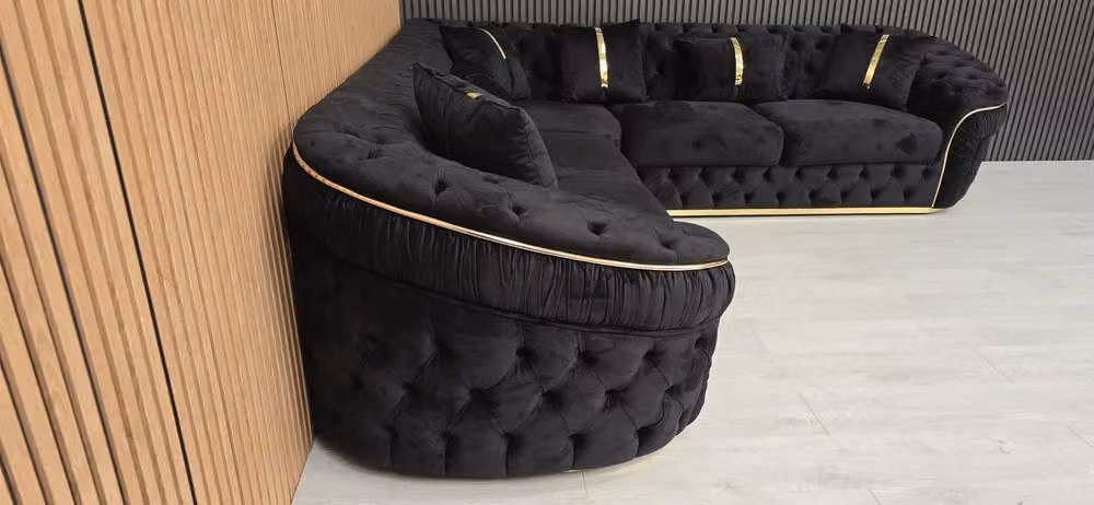 Celebrity Interiors Ambassador Left Facing Corner Sofa in Black Velvet with Gold Accents – 2
