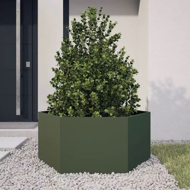 Berkfield Home Hexagon Steel Garden Planter in Olive Green, W: 104 cm, D: 90 cm, H: 45 cm – 1