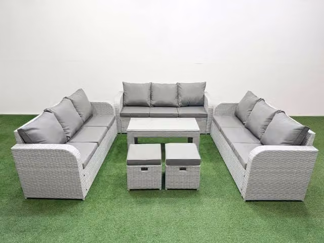 Fimous 11 Seater PE Rattan Outdoor Garden Furniture Set in Light Grey with 3 Seater Sofa, Oblong Coffee Table and 2 Ottomans