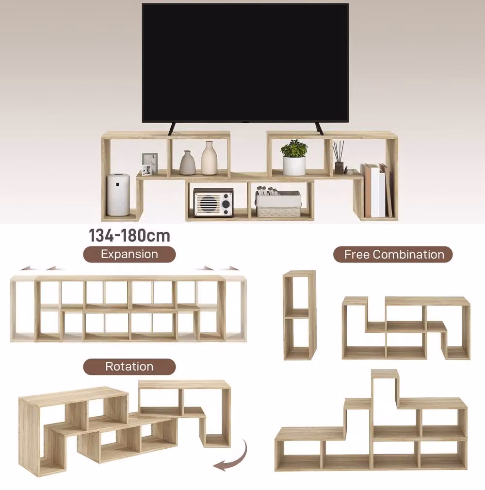 STILVORA TV Stand with Storage Shelves and Media Compartments in Grey and Beige – 2