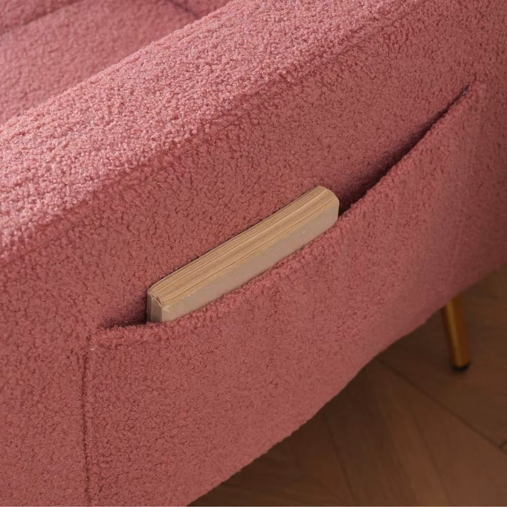 ModernLuxe Pink Bouclé Fabric Click-Clack Sofa Bed with Solid Wood Frame and Scatter Cushions – 3