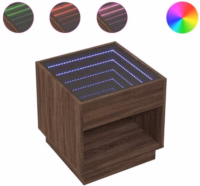 Berkfield Home Infinity LED Bedside Table in Brown Oak with Mirror Top, W/D/H: 50 x 50 x 50 cm – 1