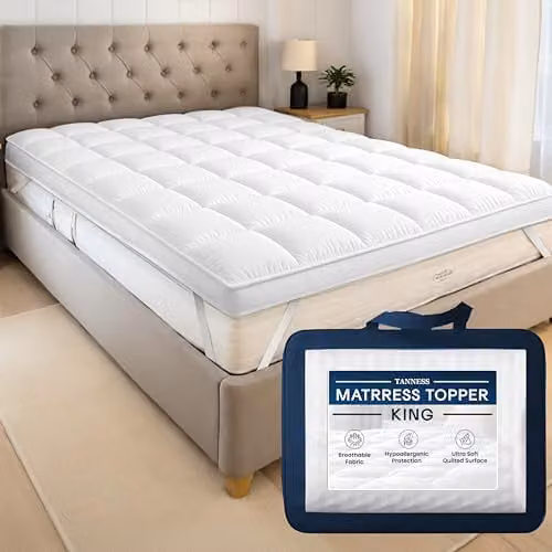 Tanness King Size Mattress Topper, 10 cm Thick, Soft Quilted Microfiber, Grey or White – 1