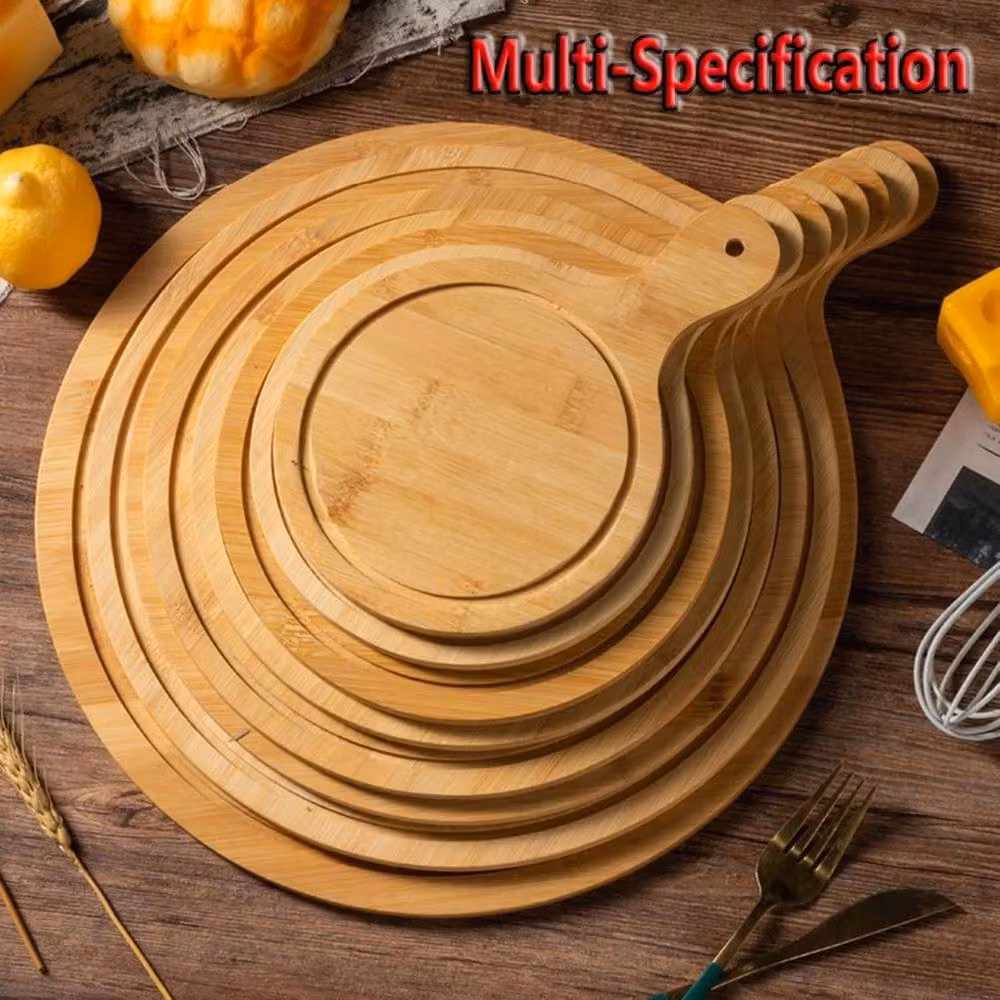 Kelvenix Round Bamboo Wooden Pizza Paddle and Cheese Serving Tray in Brown, Diameter: 27.94 cm – 2